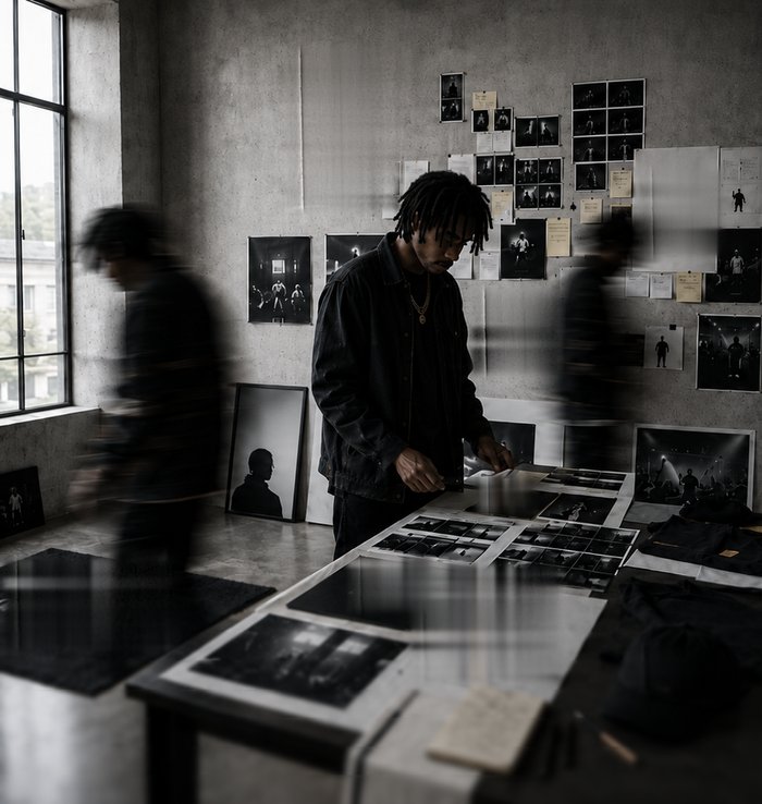 Artist reviewing release photographs and campaign materials while team members move through a creative studio.